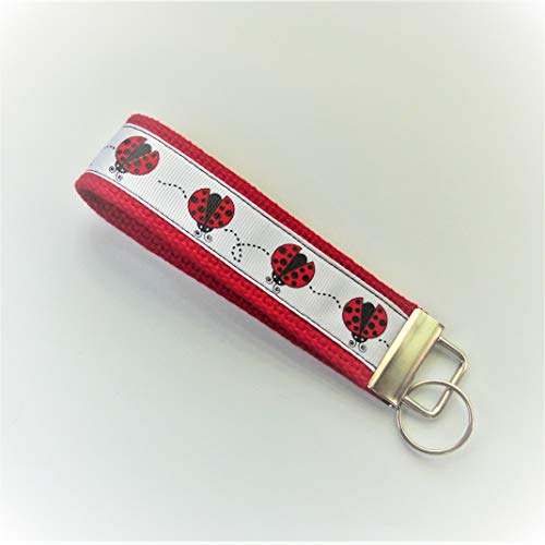 Wristlet Key Fob Larger 6 Inch White Red Ladybugs Red