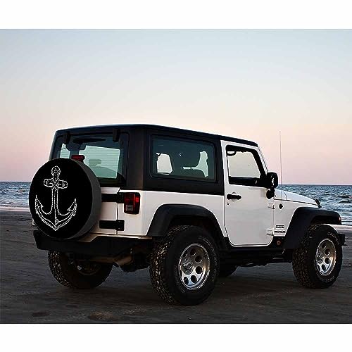 Image of Anchor Pattern Spare Tire Cover Ocean Nautical Ship Anchors Retro Black Weatherproof Universal Wheel Protectors Camper Tire Covers for Trailer Rv Travel(17 inch)