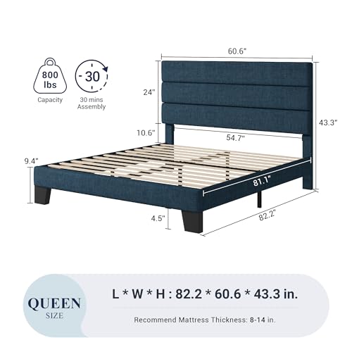 Allewie Queen Size Platform Bed Frame with Fabric Upholstered Headboard and Wooden Slats Support, Fully Upholstered Mattress Foundation/No Box Spring Needed/Easy Assembly, Navy Blue