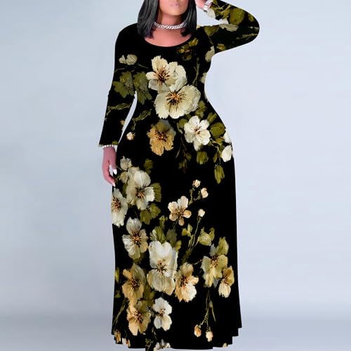 Image of PinkPatty Plus Size Maxi Dress for Curvy Women Crew Neck Long Sleeves Casual Dress Vacation Sundresses with Pockets