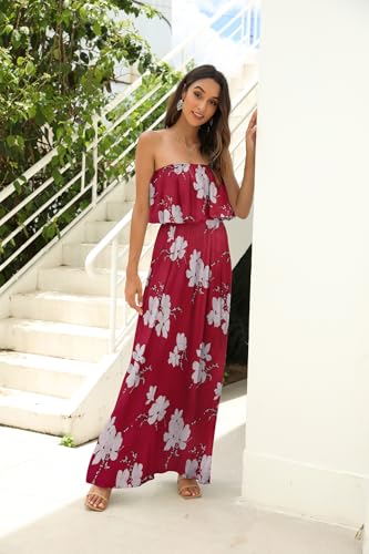 Image of ZMPSIISA Women's Summer Off The Shoulder Maxi Dress Ruffle Strapless Blue White Porcelain Boho Casual Loose Long Dresses