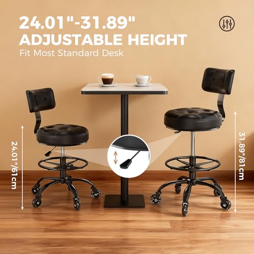 Image of Office Drafting Chair with Footrest, Tall Height Adjustable Stool with Back Support, Heavy Duty Rolling Stool Chair with Wheels for Office Home Kitchen Bar Shop Guitar Studio Vanity, Black