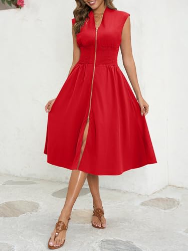 Image of Wenrine Womens Summer Smocked Midi Dress Casual Zipper V Neck Cap Sleeve High Slit Flowy Long Dresses Red