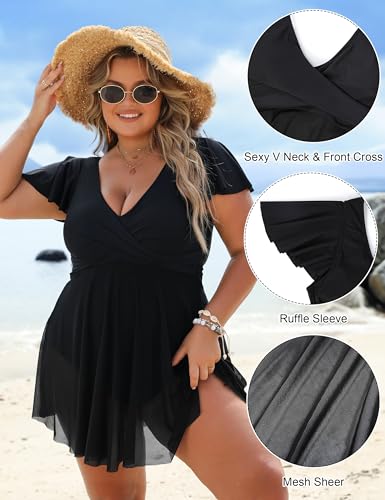BMJL Women's Plus Size Swimsuit One Piece Tummy Control Bathing Suit Ruffle Sleeve Swim Dress2