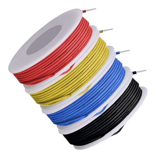 MKBKLLJY 26 Gauge Solid Wire 300V PVC Electrical Wire 26AWG Insulation Tinned Coated Copper Wire Hook Up Wire 4Colors(Red/Yellow/Blue/Black) 5m/16.4ft Each Wire Assortment for Electronics DIY