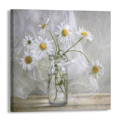 White Daisy Flower Bathroom Decor Wall Art Farmhouse Kitchen Paintings for Wall Decorations Countryside Vintage Framed Canvas Artwork Printing Ready to Hang for Living Room Bedroom 20"x20"