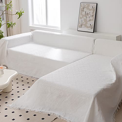 Sectional Couch Covers Set, 2 Pc L Shaped Sofa Covers For Sectional Sofa Set, Soft Jacquard Fabric Slipcover With Decorative Geometric Weave Guards Against Pet Hair, Stains, Fading (White, Large) #TOP3