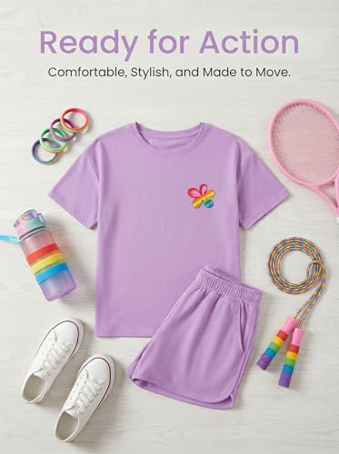 Image of SELINK Girls Travel Outfits Set Rainbow Striped Two Piece Lounge Sets Casual Sweat Tracksuit Matching Runner Shorts