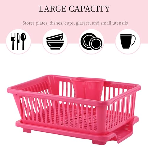 Image of Kuber Industries 2 Pcs Plastic Sink Dish Drainer Rack | 3 in 1 Large Durable Drainer Drying Rack Washing Basket with Tray | Home & Kitchen Dish Rack Organizers, Utensils Tools Cutlery - Pink