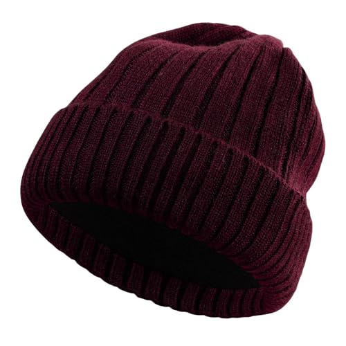 M/L/XL/XXL Wool Beanie for Men and Women, Fleece Lined Oversized Winter Knit Hat, Large Warm Wool Cuffed Cap for Big Head Wine
