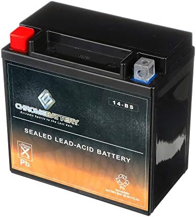 Chrome Battery YTX14-BS Maintenance Free Replacement Battery for ATV, Motorcycle, Scooter, Snowmobile, and UTV: 12 Volts, 1.4 Amps, 12Ah, Nut and Bolt (T3) Terminal