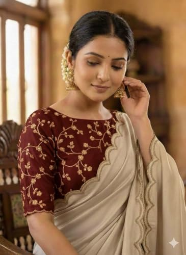Image of Chinon Silk Saree with Embroidered Blouse, Traditional Georgette Saree, Elephant Embroidery Pattern, V-Neck Design, Free Size, Festival Wear