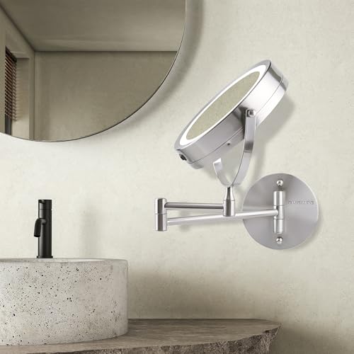 OVENTE Wall Mounted Lighted Makeup Mirror, 7" Double Sided 1X/10X Magnifying Vanity Mirror for Bathroom with LED Lights, Cordless, 360° Rotation and 13" Extendable Arm, Nickel Brushed MFW70BR1X10X by OVENTE - Image 8