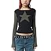 Women Vintage Star Pattern Stripes Patchwork T Shirts Long Sleeve Crew Neck Top Casual Y2K 90s Streetwear (Black, M)