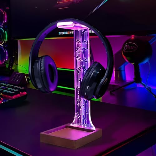 CoolGift Mart Headphone Stand with Tray, Wood Holder for Gaming Headset with Blue/Pink LED Night Lights for Gamers, Men, and Music Lovers.