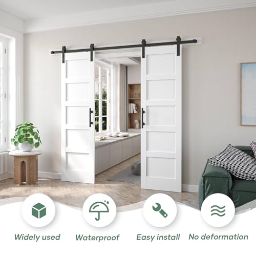 Image of Double 24x84 inch White Barn Door with 8FT Barn Door Hardware Kit Included,with MDF and Wood,DIY Assembly,5-Panel,48inch barn Door,Fit 45in-47in Opening