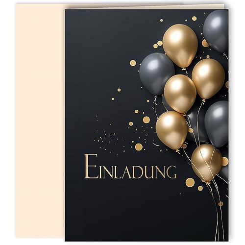 10x Einladungskarten Schwarz Gold Luftballons mit Umschlägen Klappkarten Einladung Männer Erwachsene Party Geburtstag Umschläge elegant Hochzeit Jubiläum 20 30 40 50 60 70 80 90 Luftballon