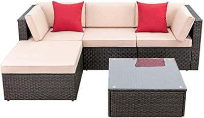 Devoko 5 Pieces Patio Furniture Sets All Weather Outdoor Sectional Patio Sofa Manual Weaving Wicker Rattan Patio Seating Sofas with Cushion and Glass Table(Beige)