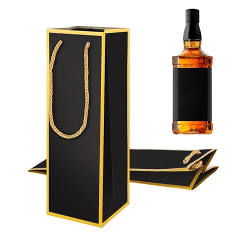 Bolsas de regalo de vino, 2 bolsas de regalo con asa, 10 x 10 x 28 cm, reutilizables, con impresión de lámina dorada, para fiestas, bodas, celebraciones, pequeñas bolsas de vino con asa, color negro