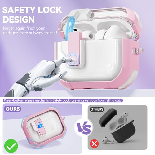 Image of Ekoonpft for AirPods Pro 3 Case with Safety Lock, Clear Case with Cleaner& Keychain Compatible with Apple AirPods Pro 3rd Generation 2025 for Women Girly, Anti-Scratch, Full Protective,Pink
