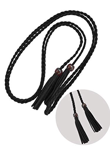 Women Waist Belt Pu Leather Waist Chain/Rope With Tassel Beads Vintage Style 57 Inch, Black, Large #TOP1