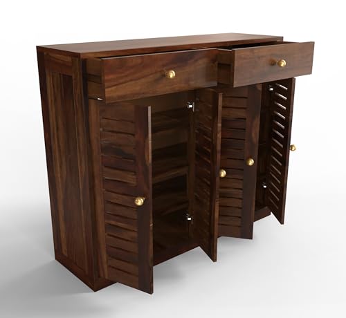 Image of PLANKO Asiya Acacia Shoe Rack with 4 Shelves & 2 Drawers | Keeps 20 Pair Shoes | Wooden Shoe Stand for Home | Space Saving Storage Rack (Walnut)