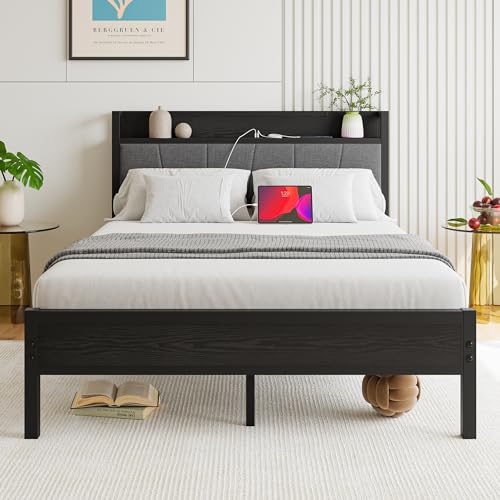 BOFENG Black Full Size Bed Frame with Storage Headboard,Metal Upholstered Platform Double Bed Frame Full Size with Charging Station No Box Spring Needed,Strong Steel Slats Support,Noise Free