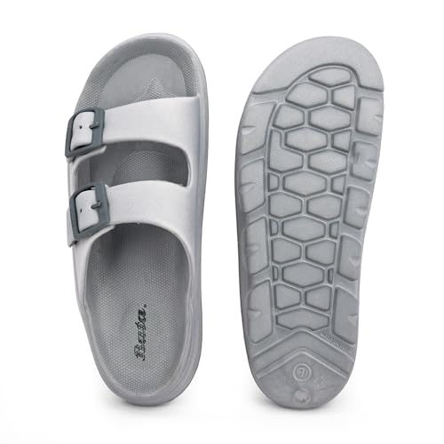 Image of Bata Men's Double Strap Slide Sandals, Grey, EVA Material, Adjustable Buckle, Textured Footbed, Casual Comfort, Open Toe