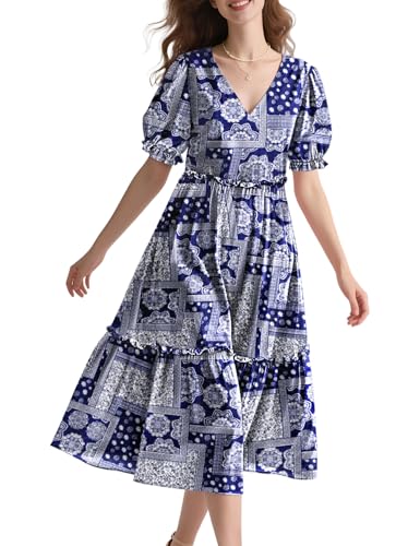Image of YESNO Summer Floral Midi Dresses for Women V Neck Puff Short Sleeve Frill Trim Dress with Pockets EVX