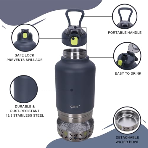 GiNT 37oz Insulated Stainless Steel Dog Water Bottle with Detachable Bowl & Carrying Case — view 2