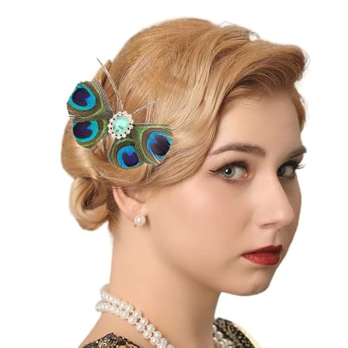 Fashey 1920S Flapper Headpiece Gatsby Headpiece Peacock Feather Headpiece Roaring 20S Headband Butterfly Feather Hair Clips Rhinestone Headpiece Green Feather Barrette Hair Accessories For Women And Girls #TOP4