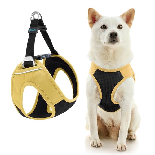Image of Gooby Escape Free Easy Fit Plus Dog Harness, Miami Yellow, Small | Escape-free contracting fit; Triple-layer neoprene build; Metal leash rings; Reflective linings; Soft chest padding