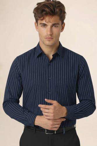 Image of Peter England Men's Slim Fit Full Sleeve Striped Formal Shirt | Cotton Rich | Wonder Fabric | Pin Point Oxford