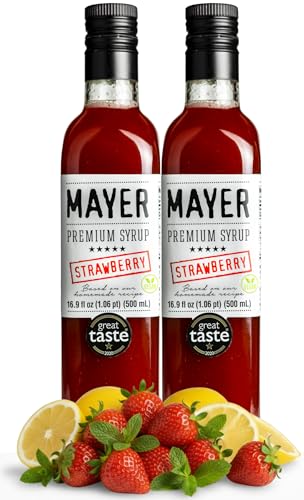 Image of Mayer Strawberry Syrup for Drinks and Cocktails, Real Fruit, Pack of 2 | Award-Winning; Vegan; Gluten-Free; No Added Colors or Flavors; Zero Preservatives; For Coffee and Desserts 2 x 16.9 Fl Oz