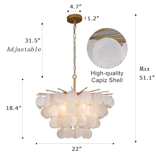 TOCHIC Capiz Shell Chandelier, 6 Light Modern Coastal Light Fixture for Bedroom Gold Chandelier for Dining Room Living Room Nature Seashell Pendant Light Fixture for Kitchen, Foyer, Entryway 22" - Image 4