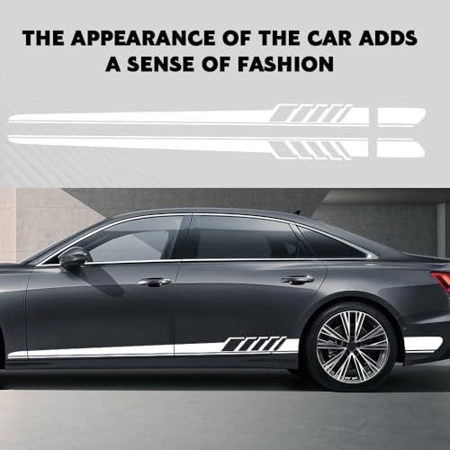 Image of 2PCS Car Side Skirt Decals, Auto Body Large Stickers, Waterproof PVC Racing Long Stripes Personalized Stickers, Car Stripe Stickers Decor Racing Accessories for Cars Trucks SUVs (White)
