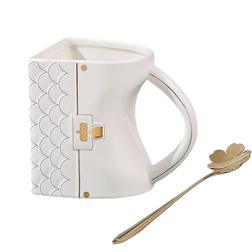 Bibykivn Taza de Café con Forma de Bolso (400ml) – Adorable Taza de Cerámica con Cuchara, Taza de Té de Porcelana, Regalo Único para Mujeres, Hogar & Oficina (Blanco)
