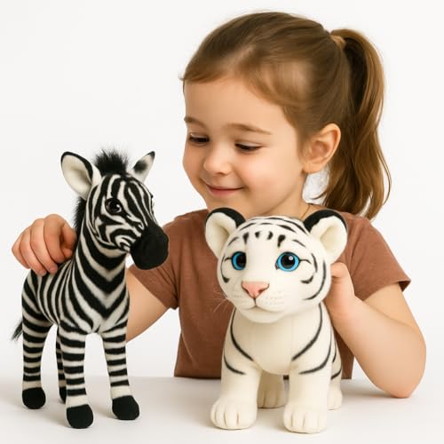 Image of Zebra & White Tiger Soft Toy Combo | 25cm Realistic Plush Animals for Kids | Stuffed Animal Gift Set for Boys & Girls | Birthday Gift & Home Decor