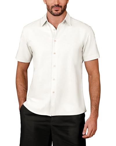 Kallspin Men's Linen Blend Button Down Shirt Short Sleeve Casual Lightweight Summer Beach Vacation Shirt