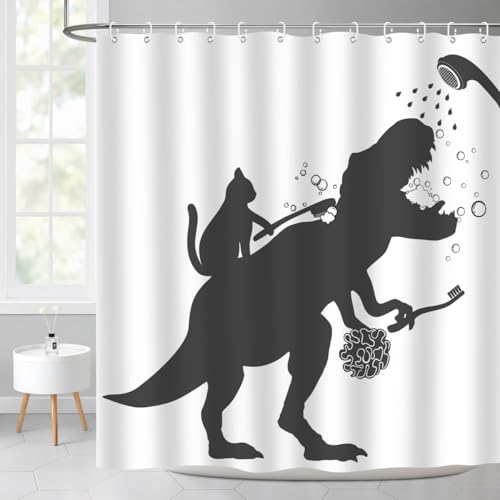 Image of Cat Dinosaur Shower Curtain Funny Cat Help Dino Bathe for Kids Boys Trex Silhouette Shadow Black White Bathroom Waterproof Polyester Fabric 60Wx72L Inch with Hooks