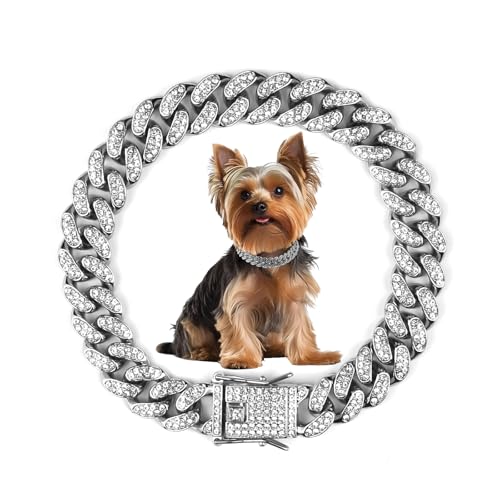 Cuban Dog Chain Collars, Silver Crystal Pet Necklace, Metal Pet Necklace with Safety Buckle Lock, for Small Medium Large Dogs Cats (10 Inch)