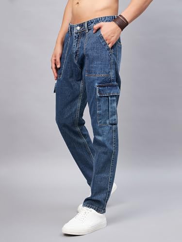 Image of STUDIO NEXX Men's Loose Fit Cargo Jeans | Non Stretchable | Cargo Denim for Men | Loose fit Cargos | Utility Pockets