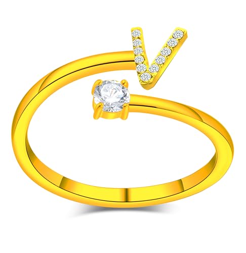 Only faith Anillos de letras iniciales Brillantes Zirconia cúbica Incrustada con acero inoxidable ajustable, Anillos abiertos de letras para mujer, joyería de moda circonita (V - DORADO)