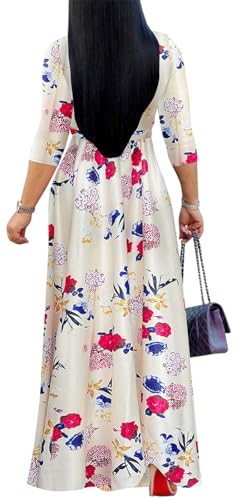 Image of Women's Floral Maxi Dress Summer Casual V-Neck 3 /4 Sleeve Long Bohemian Print Evening Party Dress