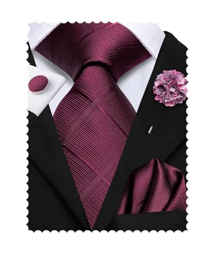 Image of Hi-Tie Classic Solid Maroon Neckties for Men Formal Burgundy Tie and Lapel Pin Pocket Square Cufflinks Sets Formal Business Wedding