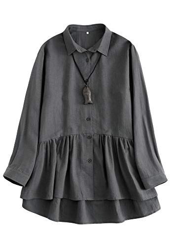 Mordenmiss Women's Linen Shirts Pleated Long Sleeve Tunic Tops Button-Down Jackets(Gray,M)