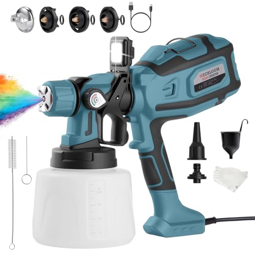 Image of Paint Sprayer, 1000W HVLP Spray Gun for Stain & Furniture, Blue | 1400ML sprayer with 3 brass nozzles, 3 patterns, adjustable flow, dust blowing head and easy-clean adapter
