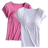 Built in Bra Tops for Women Padded Active Yoga T-Shirt Short Sleeve Plain Blouses Pajama Casual Workout Shirts 2 Pack