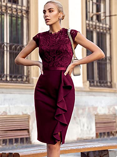 Miusol Women's Retro Floral Lace Ruffle Style Cocktail Mini Dress (Medium, Burgundy) #TOP2