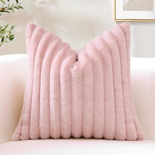 Sungeek Set of 1 Blush Pink Faux Rabbit Fur Cushion Cover 50x50 cm, Soft Cozy Plush Striped Decorative Throw Pillow Covers 20x20 Inch Velvet Square Pillowcases for Sofa Bedroom